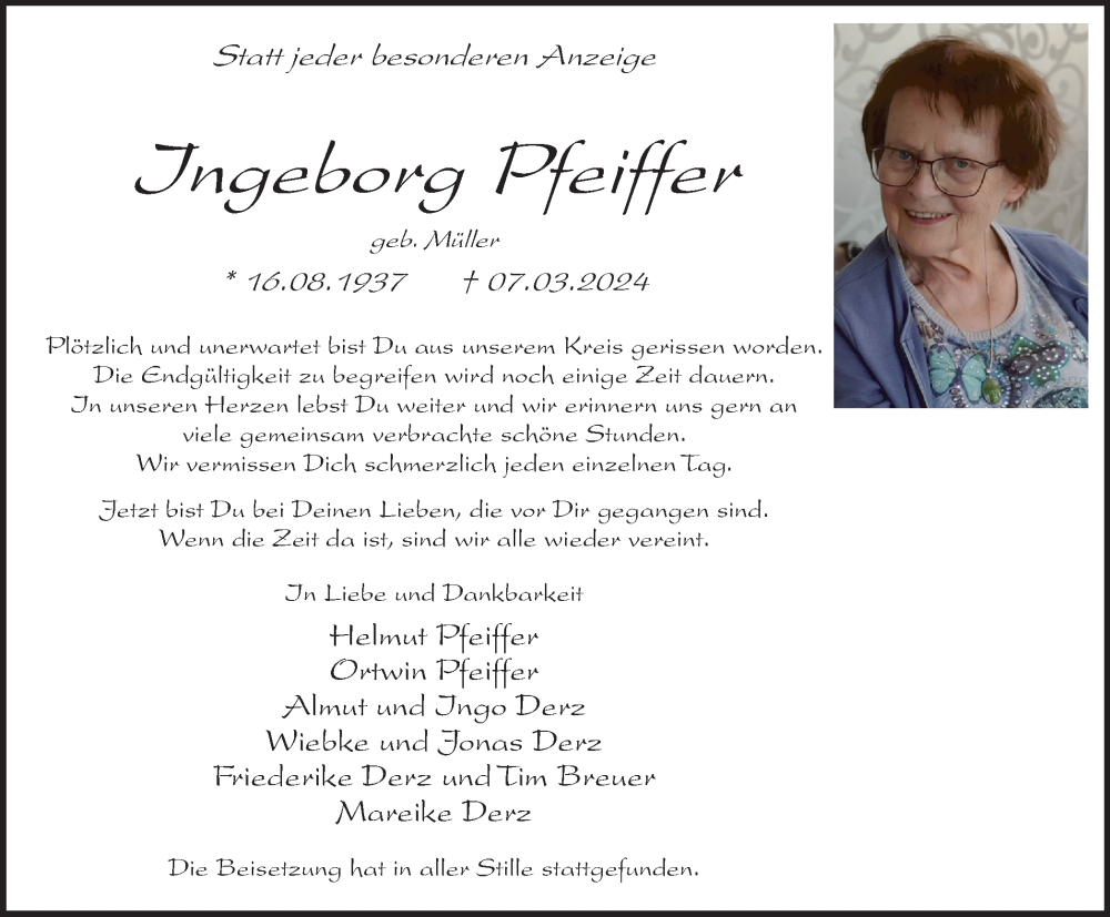  Traueranzeige für Ingeborg Pfeiffer vom 23.03.2024 aus Tageszeitung