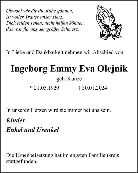 Traueranzeige von Ingeborg Emmy Eva Olejnik von Tageszeitung