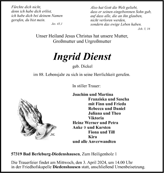 Traueranzeige von Ingrid Dienst von Tageszeitung