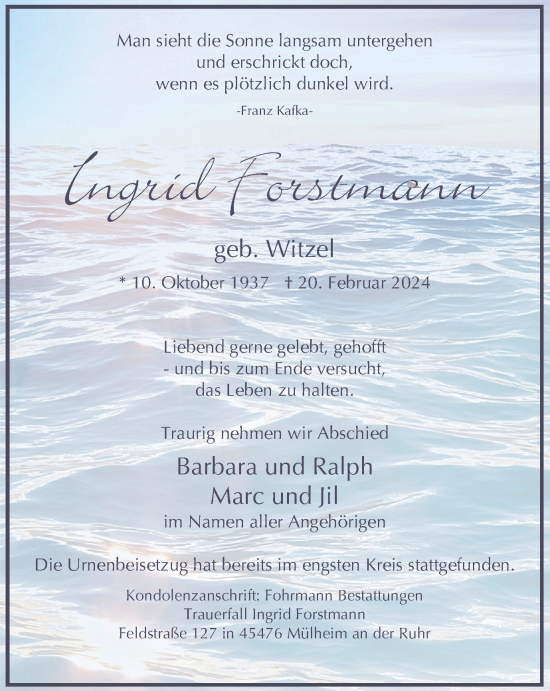 Traueranzeige von Ingrid Forstmann von Tageszeitung
