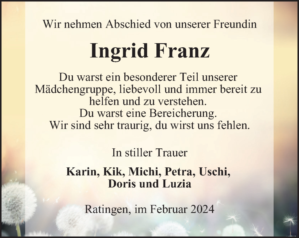 Traueranzeigen von Ingrid Franz TrauerinNRW.de