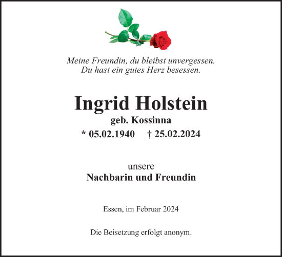 Traueranzeige von Ingrid Holstein von Tageszeitung