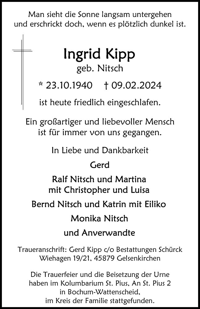  Traueranzeige für Ingrid Kipp vom 09.03.2024 aus Tageszeitung