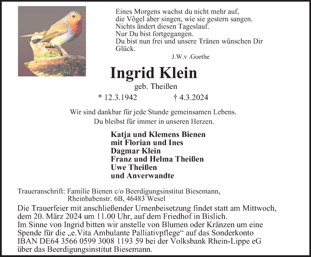  Traueranzeige für Ingrid Klein vom 16.03.2024 aus Tageszeitung