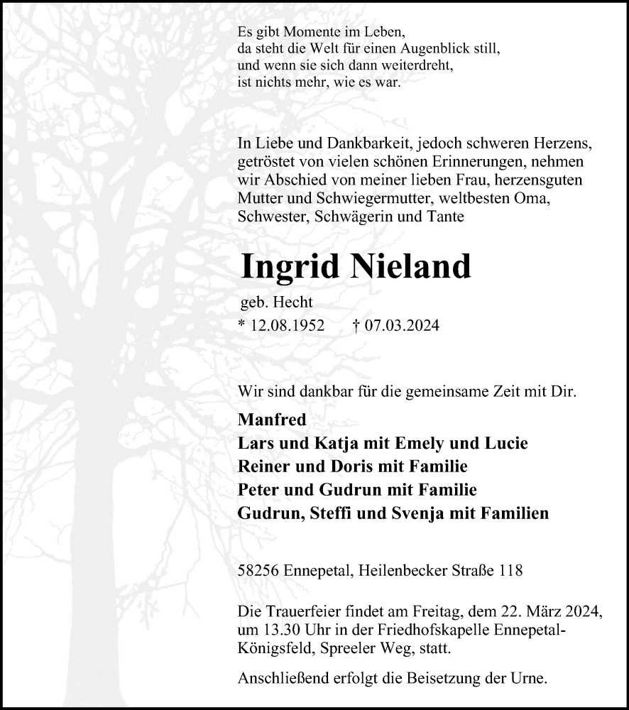  Traueranzeige für Ingrid Nieland vom 09.03.2024 aus Tageszeitung