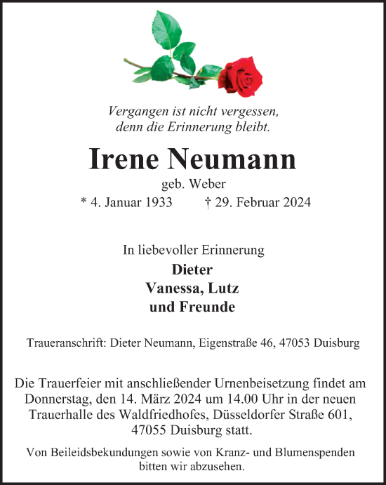 Traueranzeige von Irene Neumann von Tageszeitung