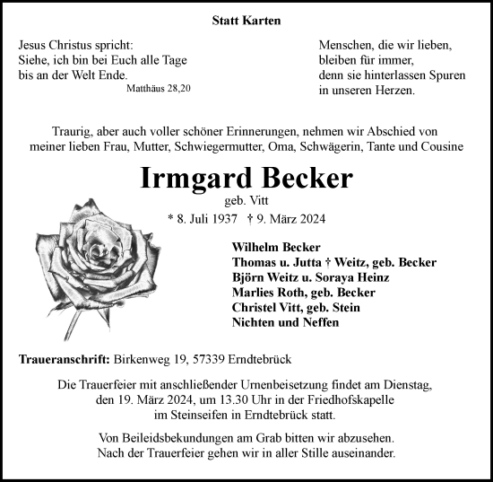 Traueranzeige von Irmgard Becker von Tageszeitung