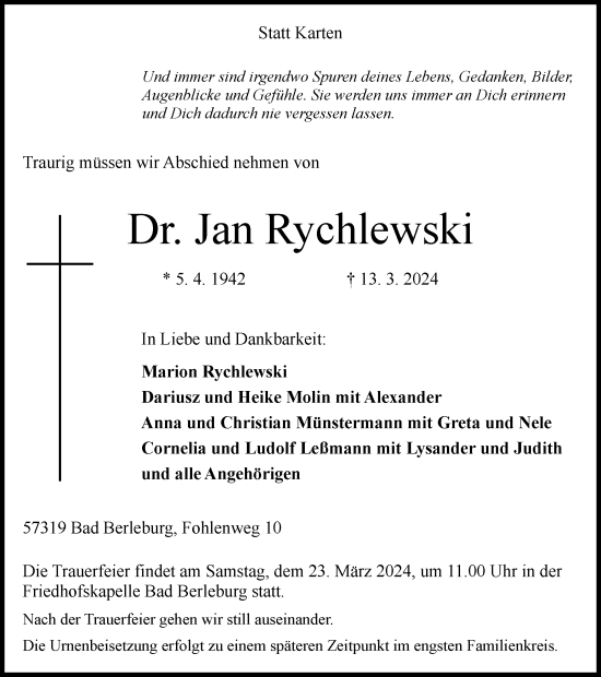 Traueranzeige von Jan Rychlewski von Tageszeitung