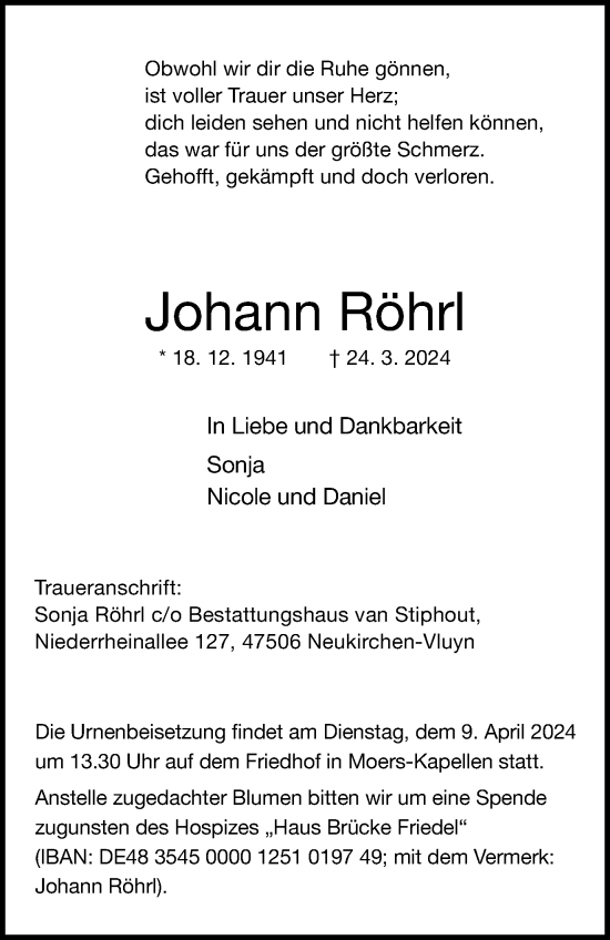 Traueranzeige von Johann Röhrl von Tageszeitung