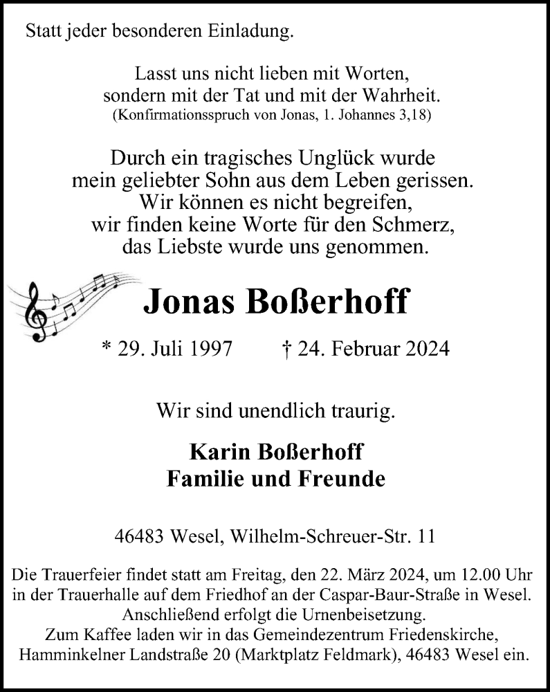  Traueranzeige für Jonas Boßerhoff vom 09.03.2024 aus Tageszeitung
