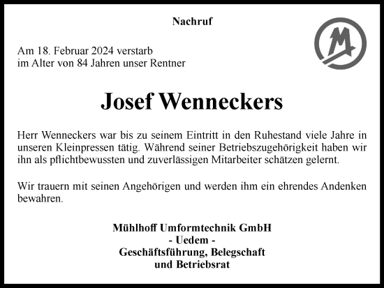 Traueranzeige von Josef Wenneckers von Tageszeitung