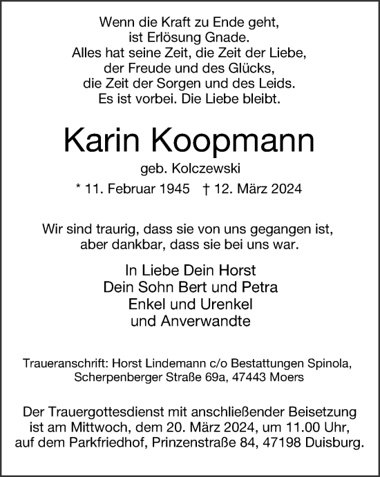 Traueranzeige von Karin Koopmann von Tageszeitung