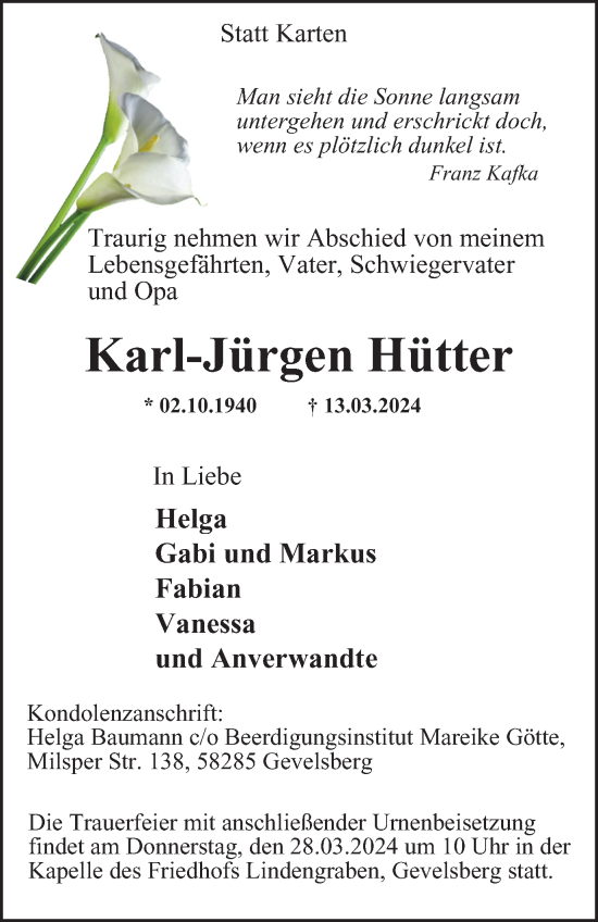 Traueranzeige von Karl-Jürgen Hütter von Tageszeitung