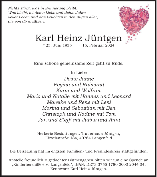 Traueranzeige von Karl Heinz Jüntgen von Tageszeitung