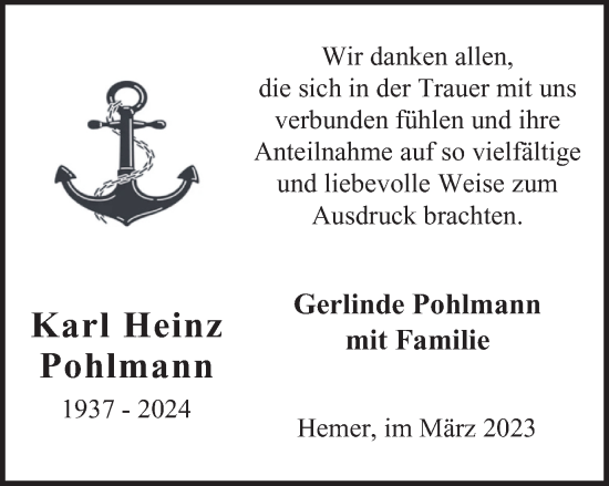 Traueranzeige von Karl Heinz Pohlmann von Tageszeitung