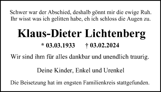 Traueranzeige von Klaus-Dieter Lichtenberg von Tageszeitung