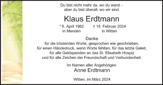 Traueranzeige von Klaus Erdtmann von Tageszeitung