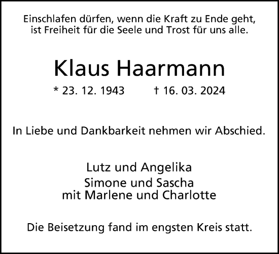 Traueranzeige von Klaus Haarmann von Tageszeitung