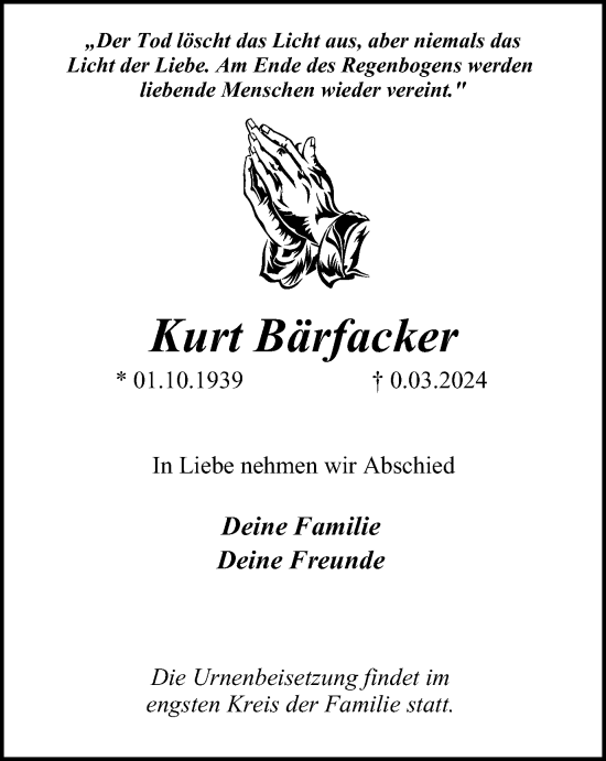 Traueranzeige von Kurt Bärfacker von Tageszeitung