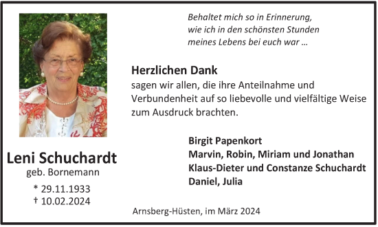 Traueranzeige von Leni Schuchardt von Tageszeitung