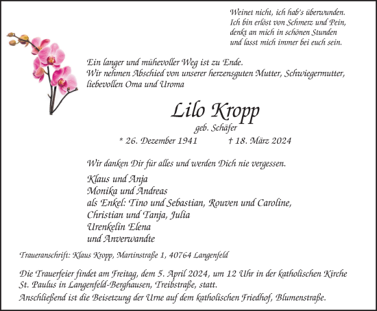Traueranzeige von Lilo Kropp von Tageszeitung