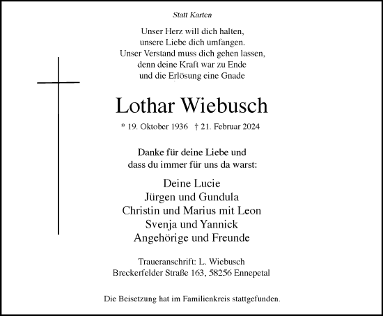 Traueranzeige von Lothar Wiebusch von Tageszeitung
