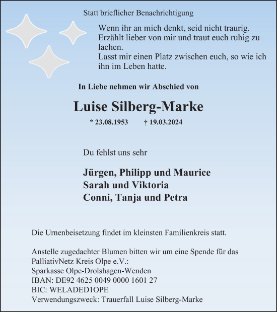 Traueranzeige von Luise Silberg-Marke von Tageszeitung