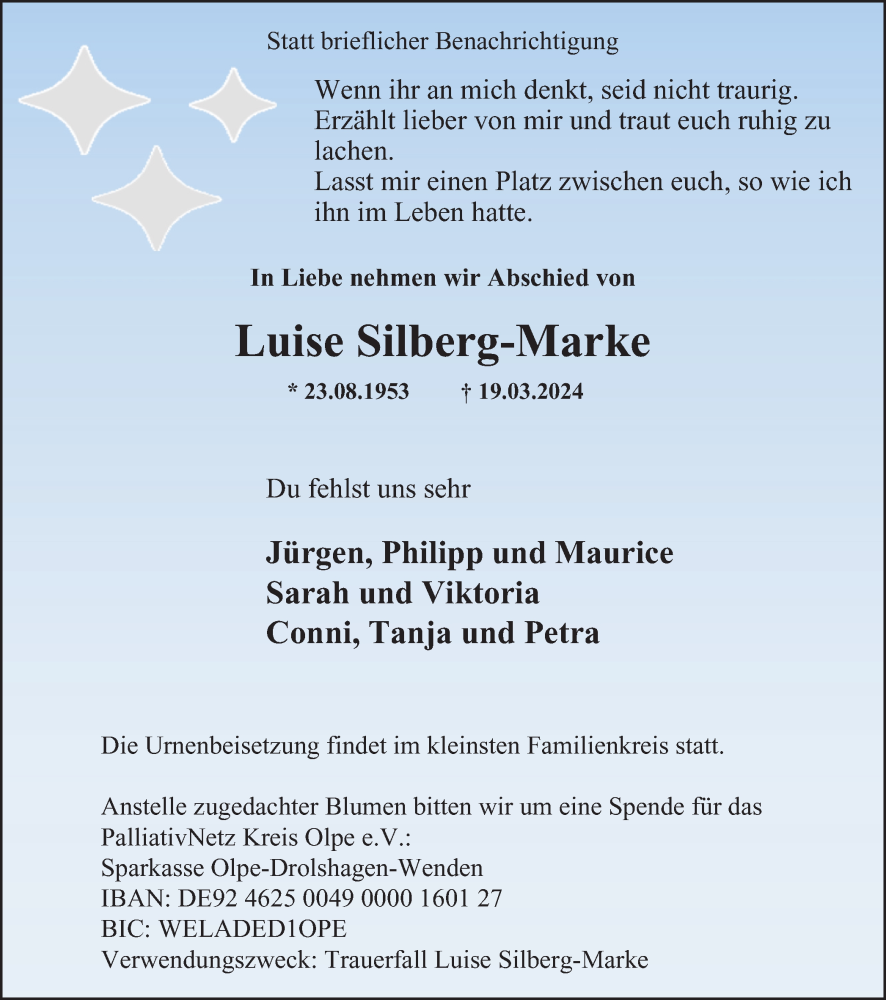  Traueranzeige für Luise Silberg-Marke vom 23.03.2024 aus Tageszeitung