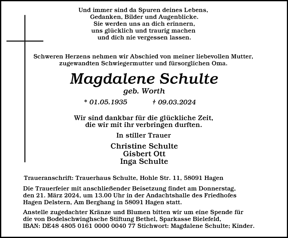  Traueranzeige für Magdalene Schulte vom 16.03.2024 aus Tageszeitung