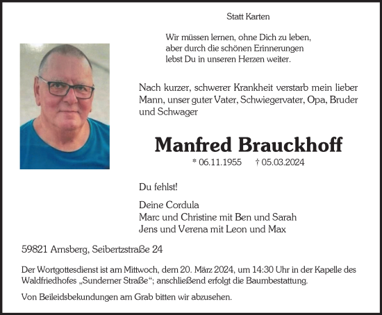 Traueranzeige von Manfred Brauckhoff von Tageszeitung