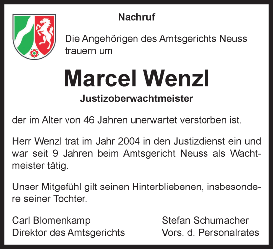 Traueranzeige von Marcel Wenzl von Tageszeitung