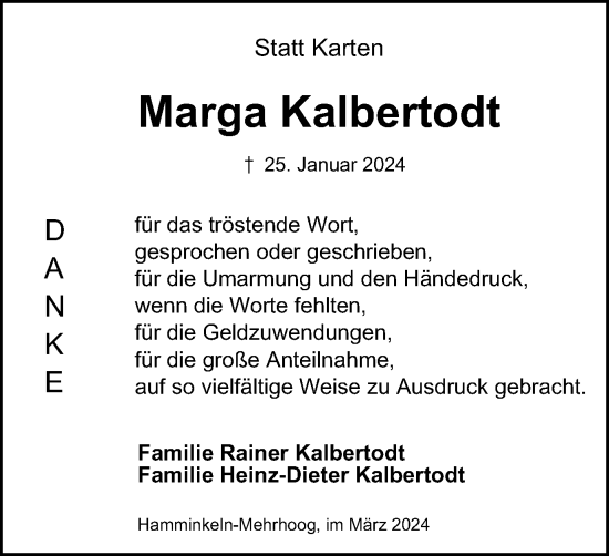 Traueranzeige von Marga Kalbertodt von Tageszeitung