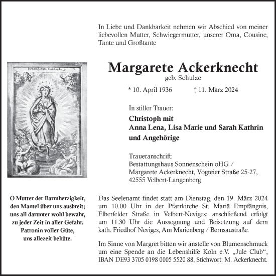 Traueranzeige von Margarete Ackerknecht von Tageszeitung