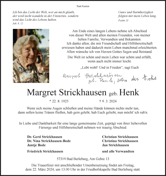 Traueranzeige von Margret Strickhausen von Tageszeitung