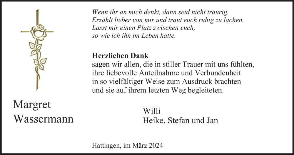  Traueranzeige für Margret Wassermann vom 09.03.2024 aus Tageszeitung
