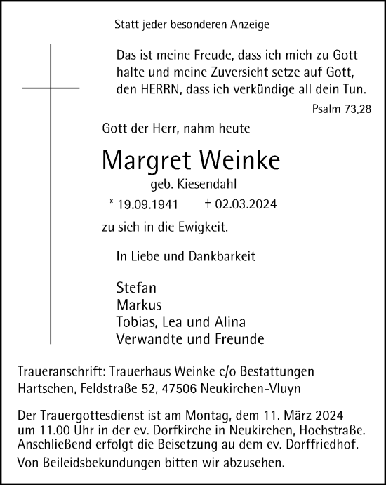 Traueranzeige von Margret Weinke von Tageszeitung