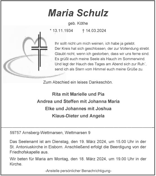 Traueranzeige von Maria Schulz von Tageszeitung