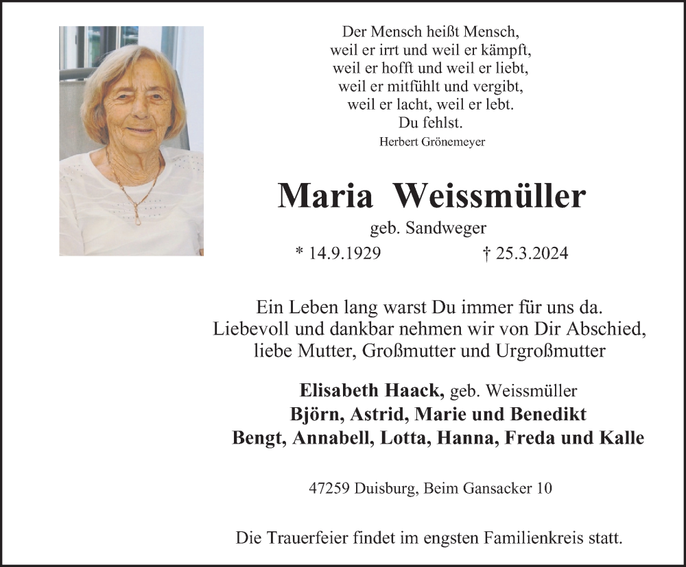  Traueranzeige für Maria Weissmüller vom 30.03.2024 aus Tageszeitung