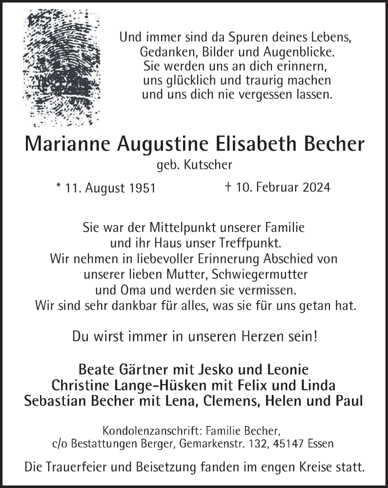  Traueranzeige für Marianne Augustine Elisabeth Becher vom 09.03.2024 aus Tageszeitung