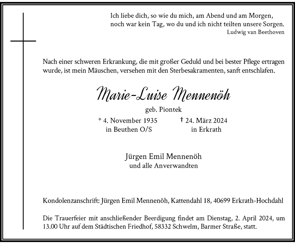  Traueranzeige für Marie-Luise Mennenöh vom 30.03.2024 aus Tageszeitung