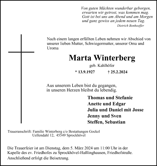 Traueranzeige von Marta Winterberg von Tageszeitung