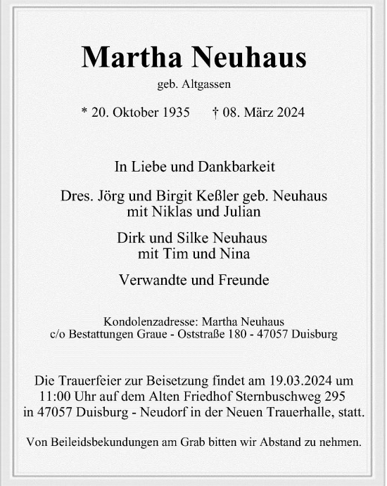 Traueranzeige von Martha Neuhaus von Tageszeitung