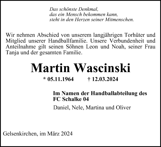 Traueranzeige von Martin Wascinski von Tageszeitung