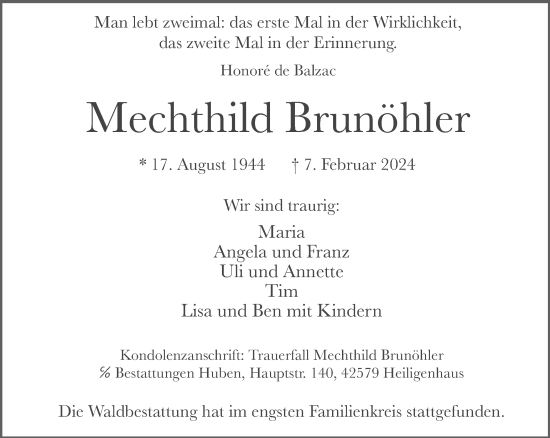 Traueranzeige von Mechthild Brunöhler von Tageszeitung
