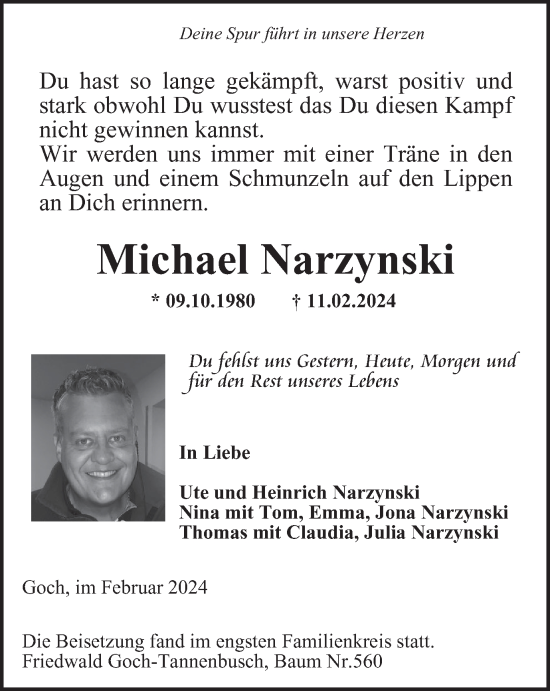 Traueranzeige von Michael Narzynski von Tageszeitung