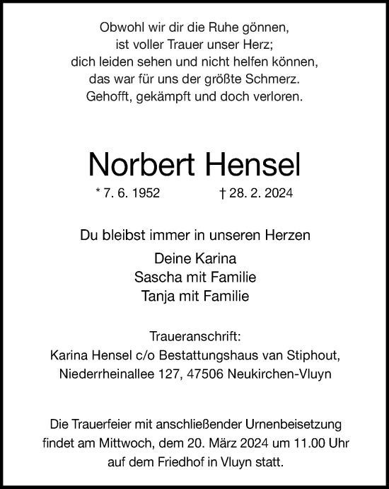 Traueranzeige von Norbert Hensel von Tageszeitung