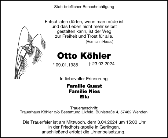 Traueranzeige von Otto Köhler von Tageszeitung