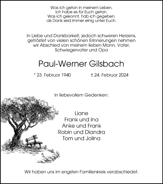 Traueranzeige von Paul-Werner Gilsbach von Tageszeitung