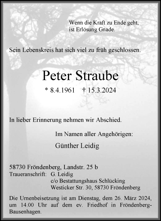 Traueranzeige von Peter Straube von Tageszeitung
