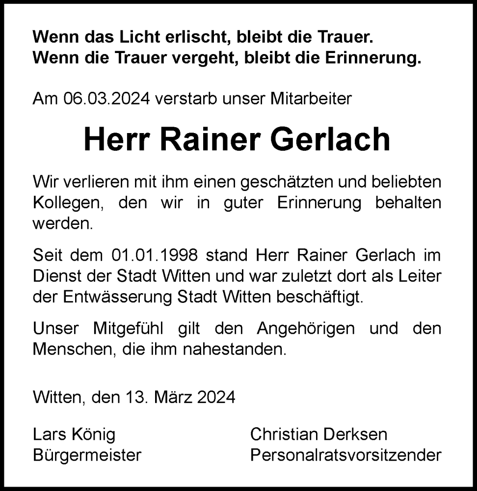  Traueranzeige für Rainer Gerlach vom 16.03.2024 aus Tageszeitung